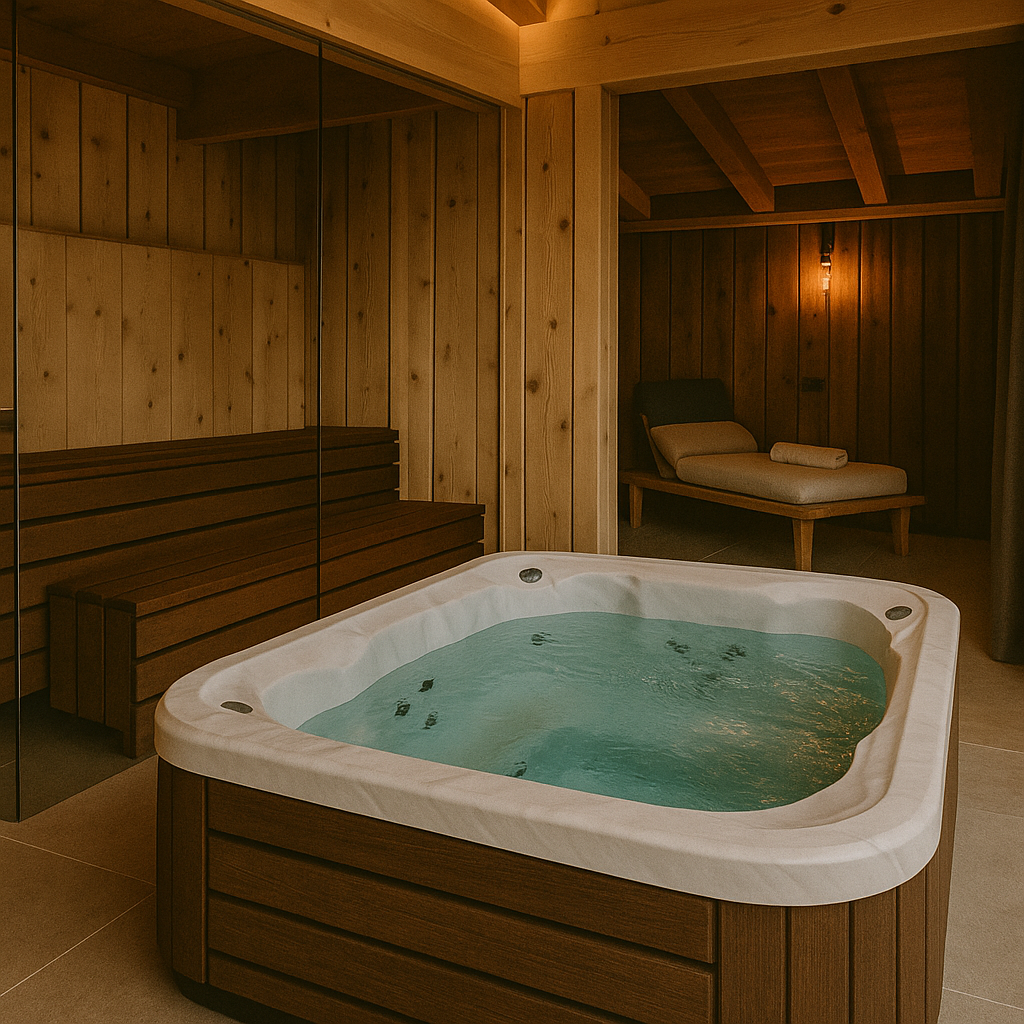 Jacuzzi med bubblor och dimbar belysning